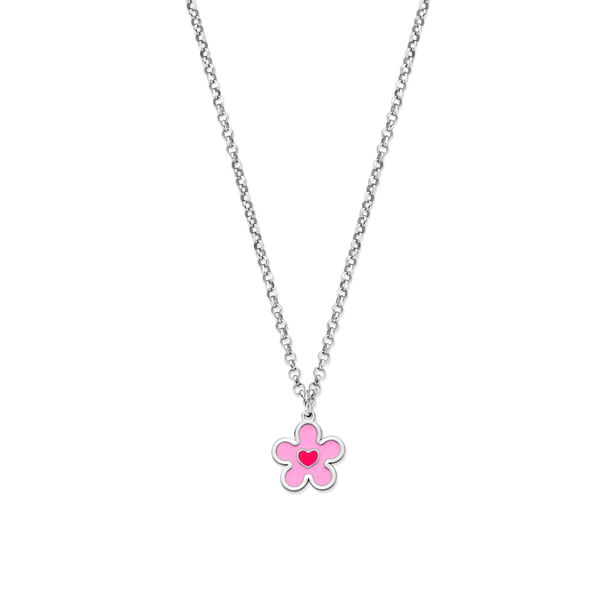 Vooraanzicht van de zilveren kinderketting met bloem.