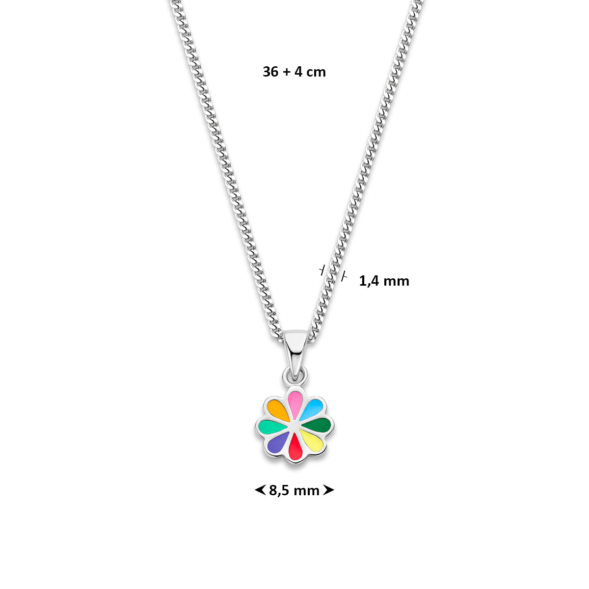 Afmetingen van de zilveren kinderketting met bloem: draaglengte 36 tot 40 cm, bloem 8,5 mm.
