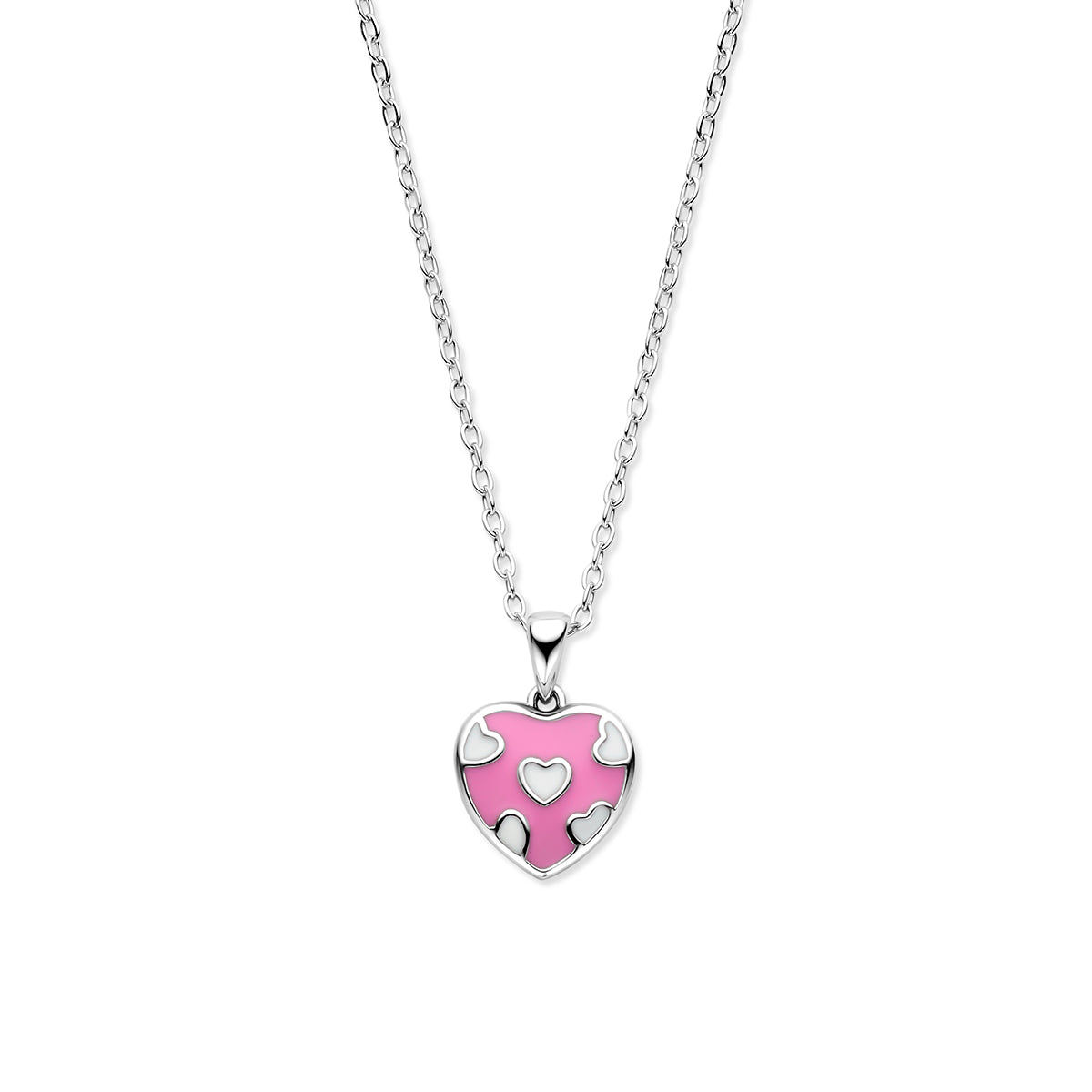 Vooraanzicht van de zilveren kinderketting met emaille hartje.