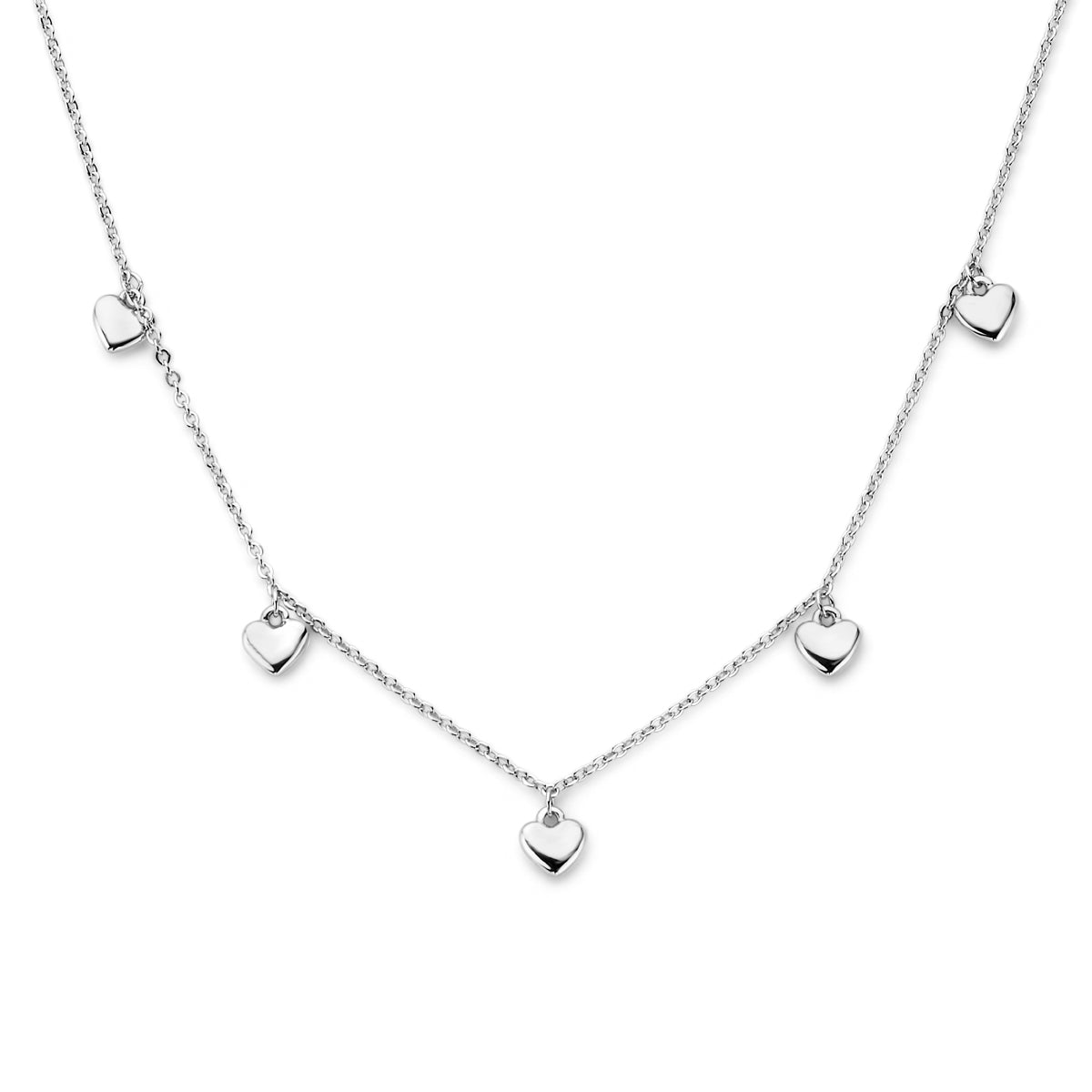 Vooraanzicht van de zilveren kinderketting met hartjes.