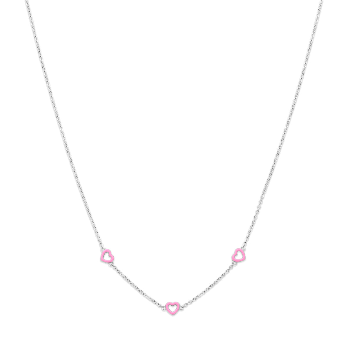 Vooraanzicht van de zilveren kinderketting met roze hartjes.