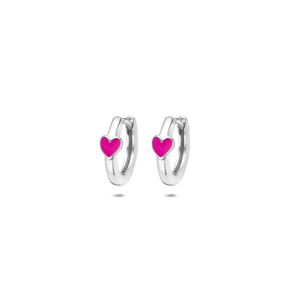 Kinderoorbellen zilver: vooraanzicht van de 925 gerhodineerd zilveren kinderklapoorringen met roze hartje.