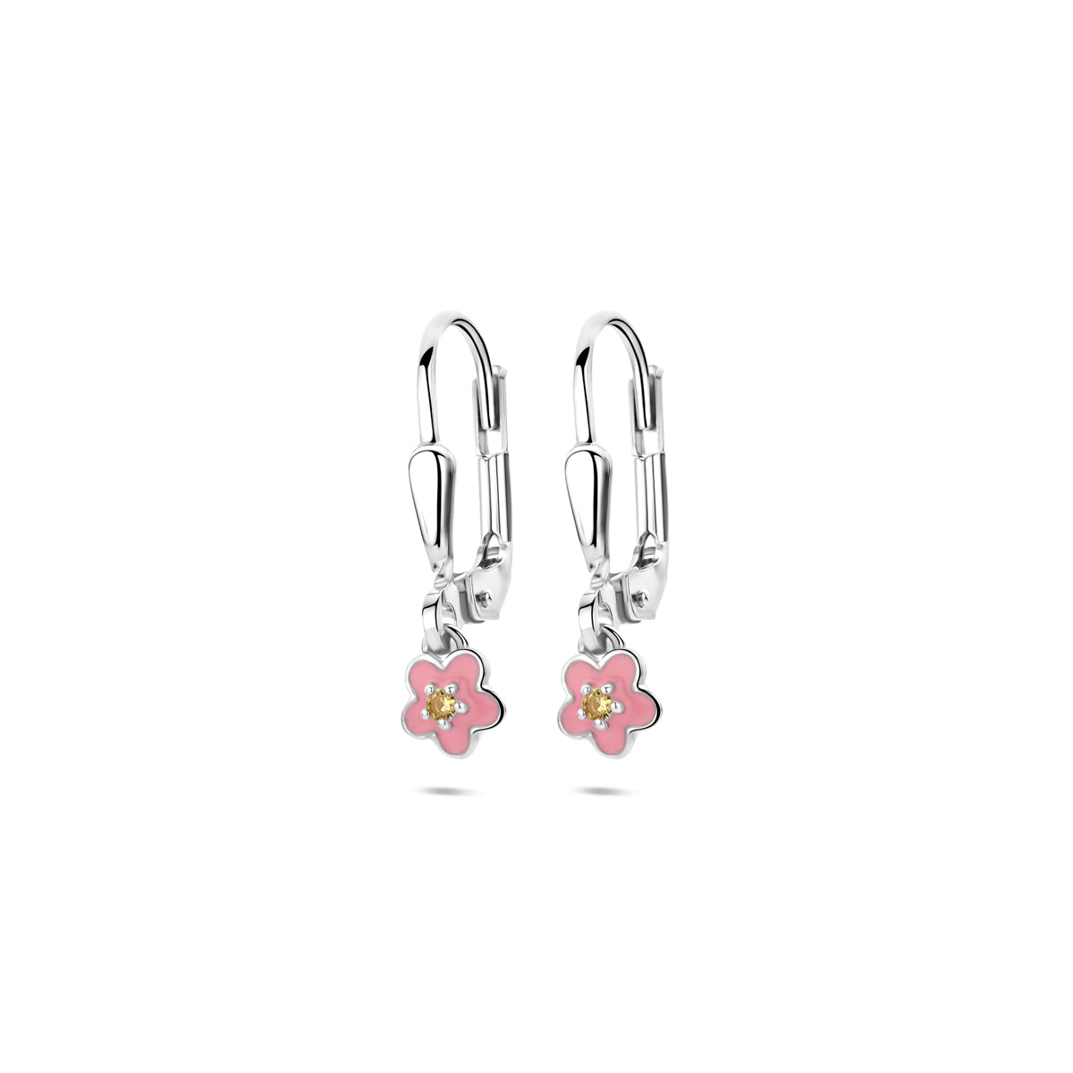 Vooraanzicht van de 925 gerhodineerd zilveren kinderoorhangers bloem met zirkonia, 19 mm hoog en 8 mm breed.