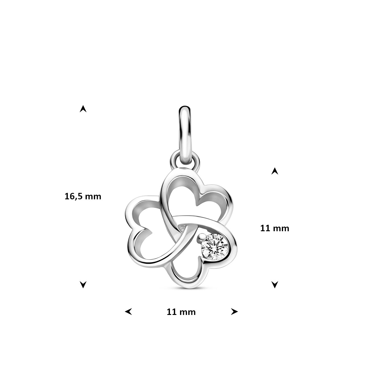 Zilveren hanger met zirkonia: afmetingen van de 925 gerhodineerd zilveren klavertje hanger met zirkonia, 16,5 mm hoog inclusief oog en 11,0 mm breed.