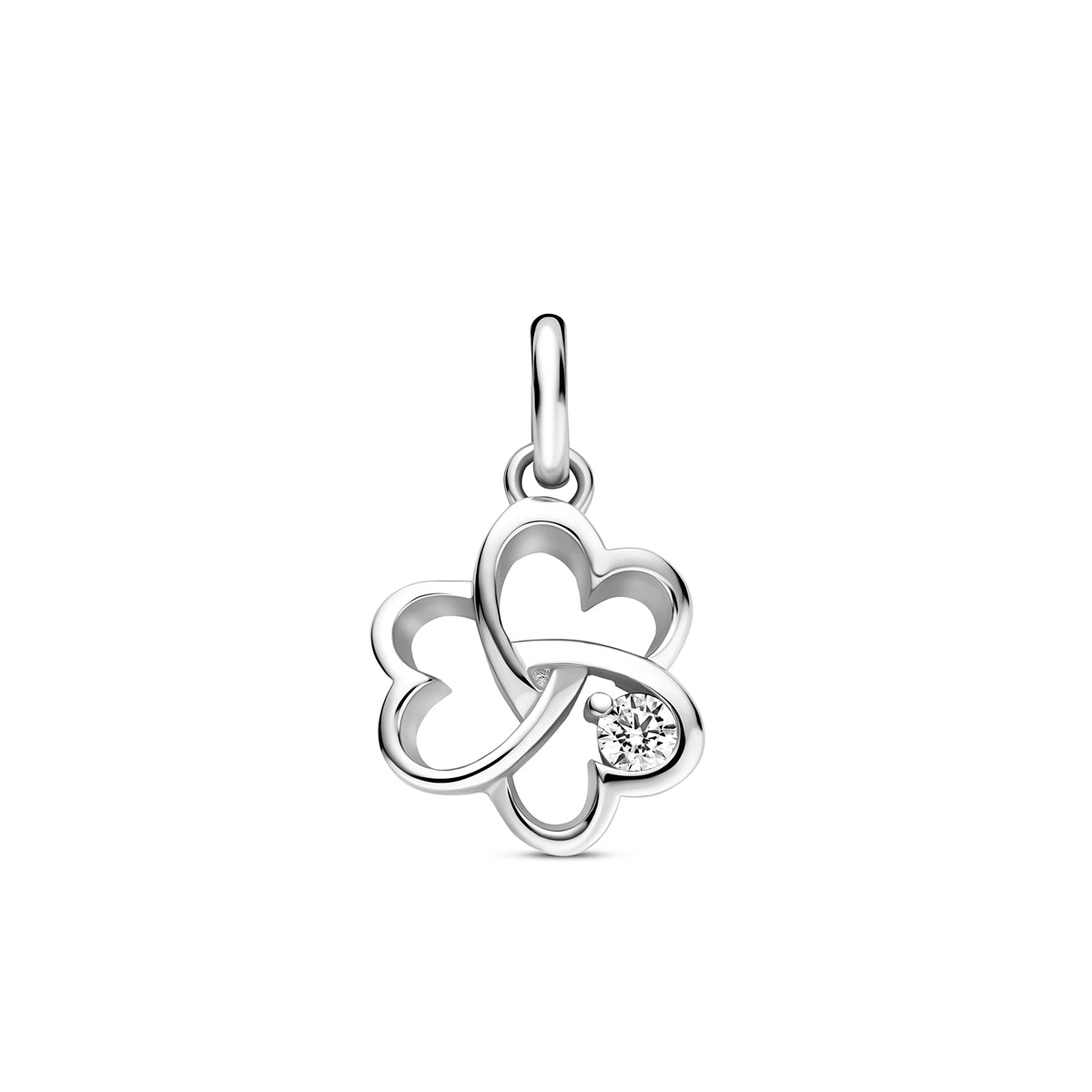 Zilveren hanger met zirkonia: vooraanzicht van de 925 gerhodineerd zilveren klavertje hanger met zirkonia.
