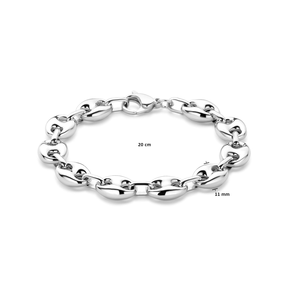 Afmetingen van de zilveren koffieboon armband: 20 cm lang en 11 mm breed.