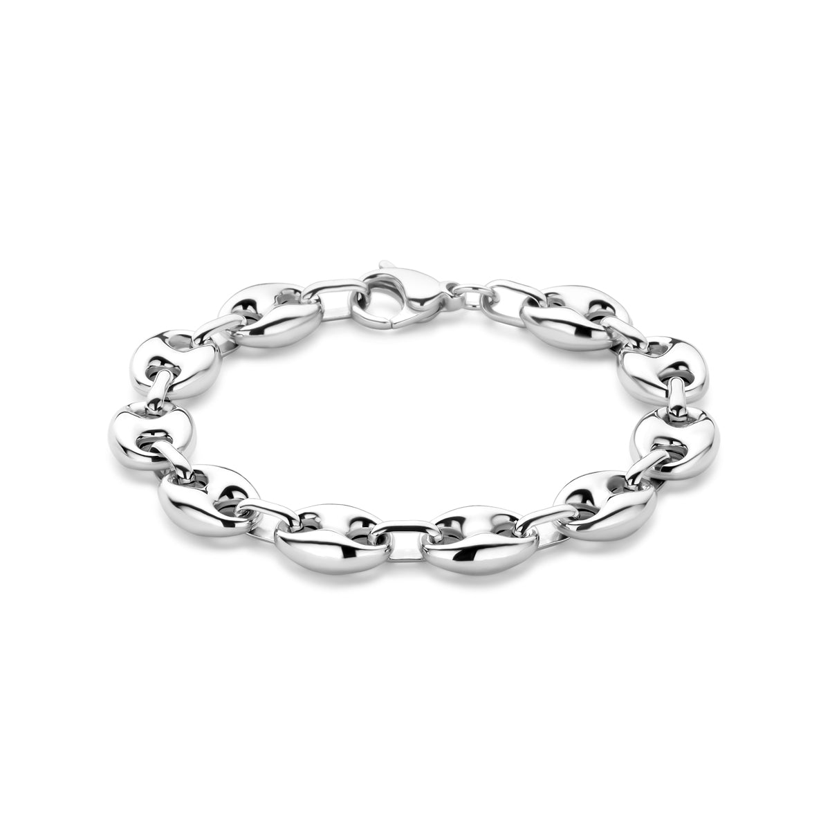 Vooraanzicht van de zilveren koffieboon armband.