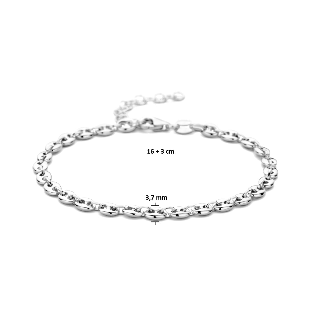 Afmetingen van de zilveren koffieboon armband: 16 cm plus 3 cm verlengstuk en 3,7 mm breed.