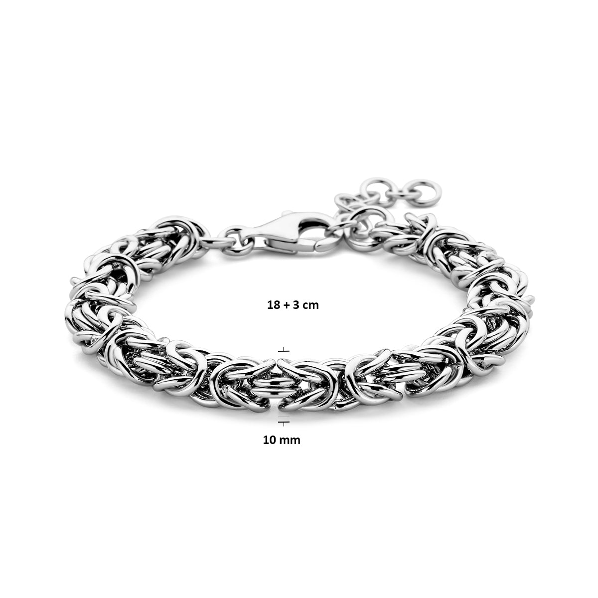 Afmetingen van de zilveren koningsschakel armband: 18 cm lang met 3 cm verlengstuk, 10 mm breed.