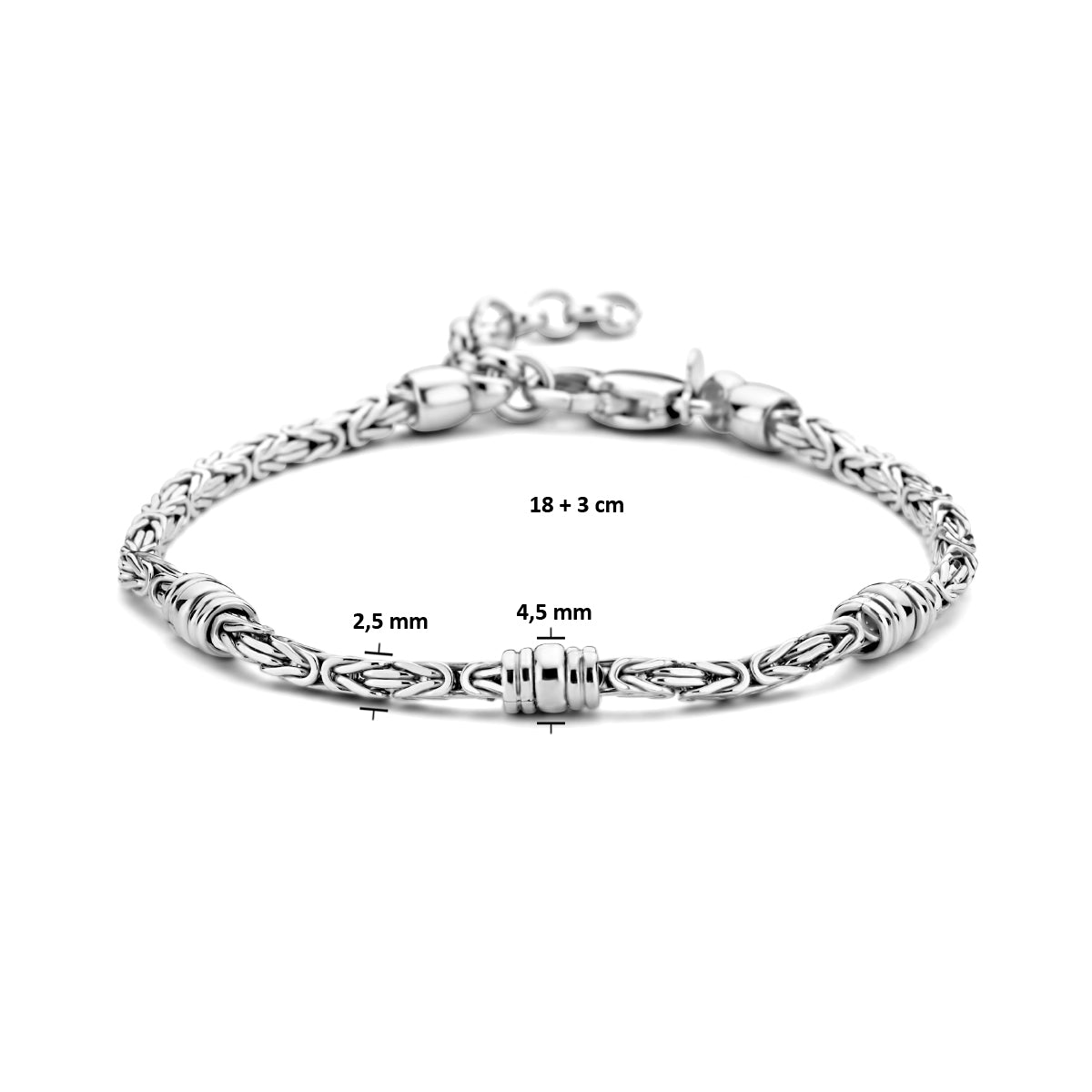 Afmetingen van de zilveren koningsschakel armband met ringetjes: 18 cm lang met 3 cm verlengstuk.