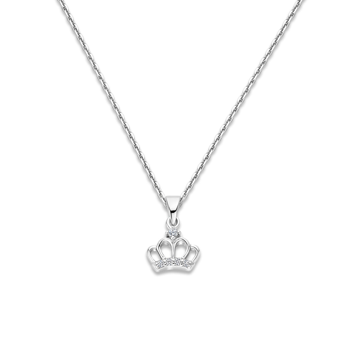 Vooraanzicht van de zilveren kroon kinderketting met zirkonia.