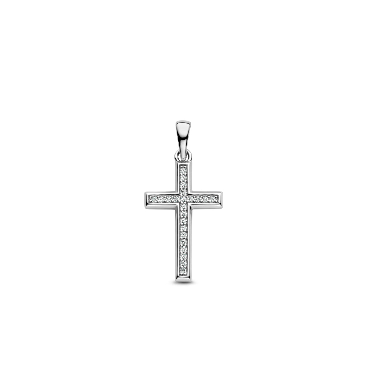 Vooraanzicht van de zilveren kruis hanger met zirkonia in de maat 20 mm.