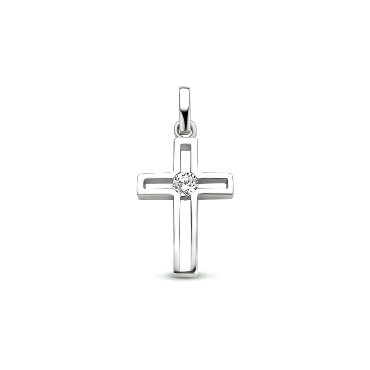 Vooraanzicht van de zilveren kruis hanger met zirkonia.