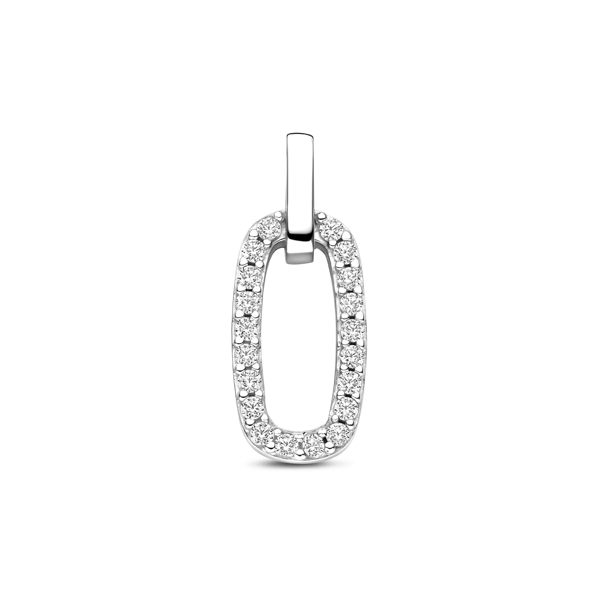 Vooraanzicht van de 925 gerhodineerd zilveren langwerpige hanger met zirkonia, 21 mm hoog en 8,5 mm breed.