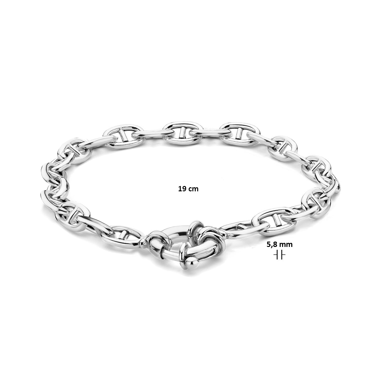 Afmetingen van de zilveren marine armband: 19 cm lang en 5,8 mm breed.