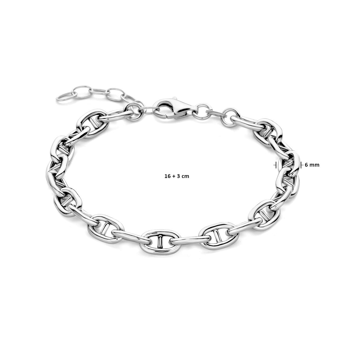 Afmetingen van de zilveren marine armband: draaglengte 16 tot 19 cm, schakel 6 mm.