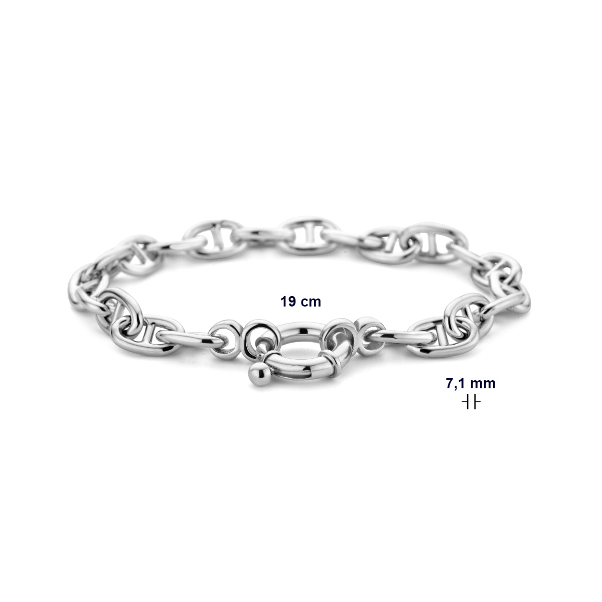 Afmetingen van de zilveren marine schakel armband: 19 cm lang en 7,1 mm breed.