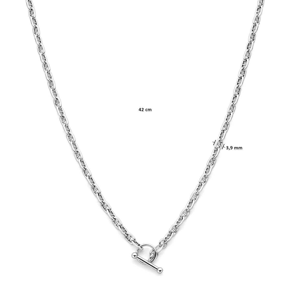 Afmetingen van de zilveren marine ketting: 42 cm lang en 3,9 mm breed.