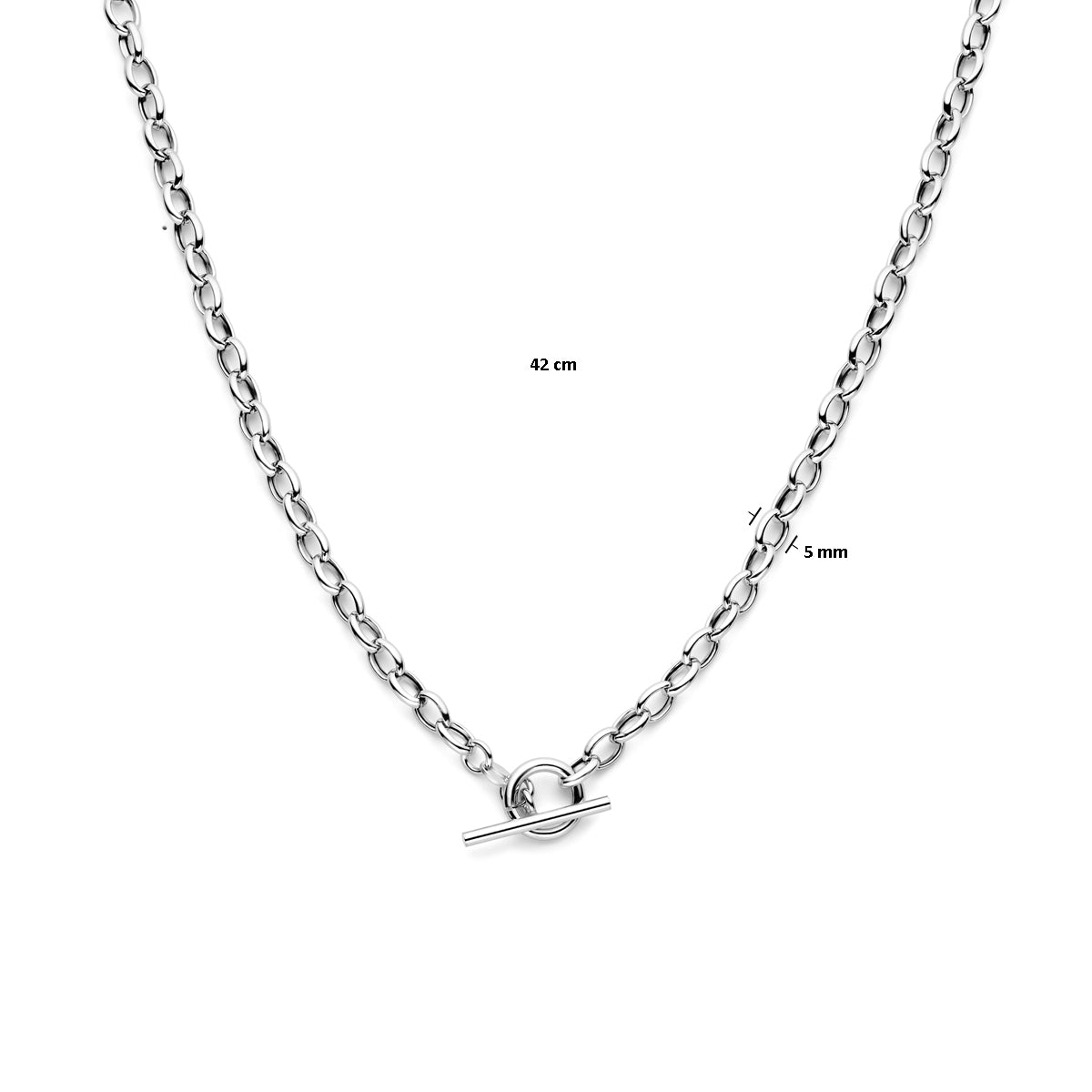 Afmetingen van de zilveren marine ketting met kapittelslot: 42 cm lang en 5 mm breed.