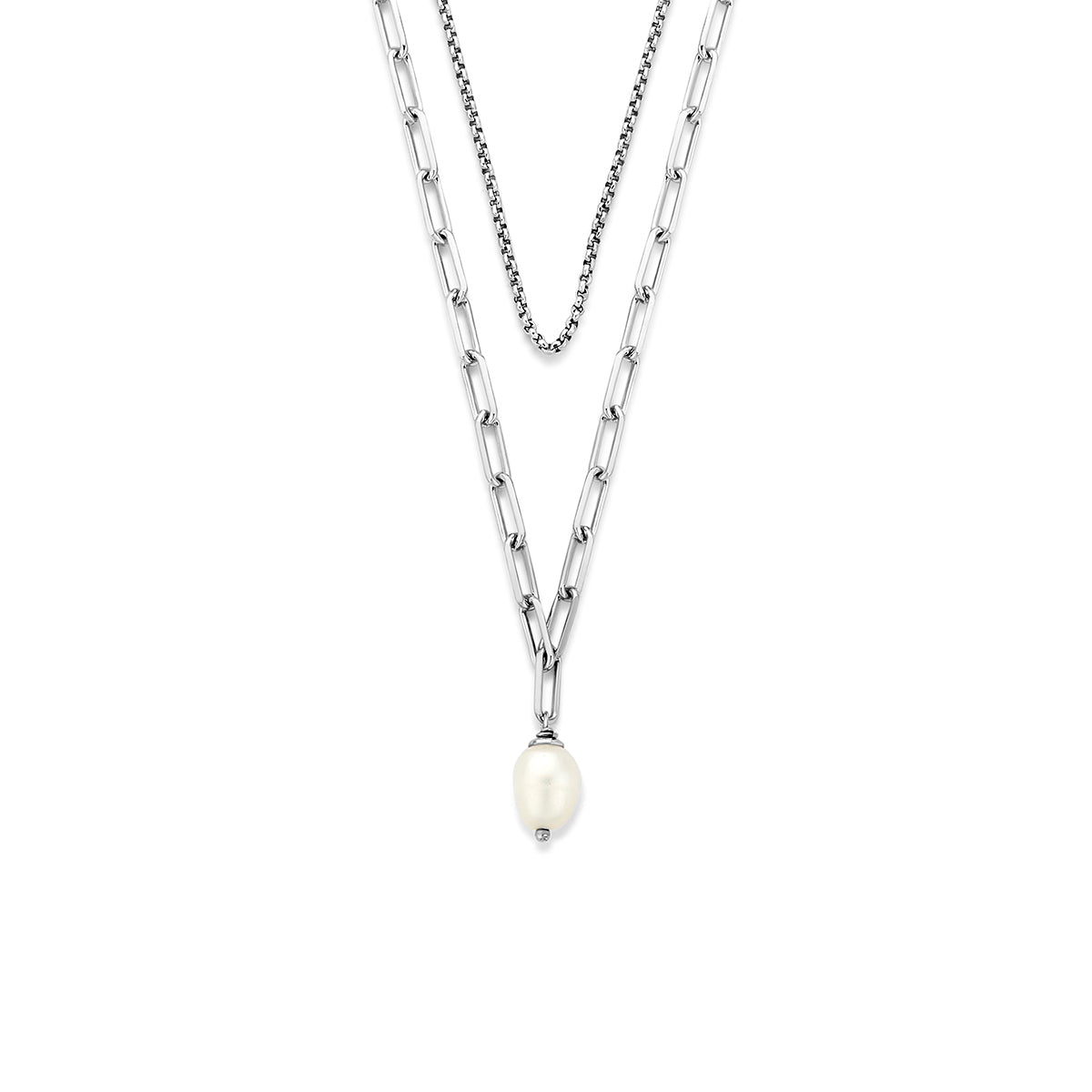 Vooraanzicht van de zilveren multi ketting met parel.