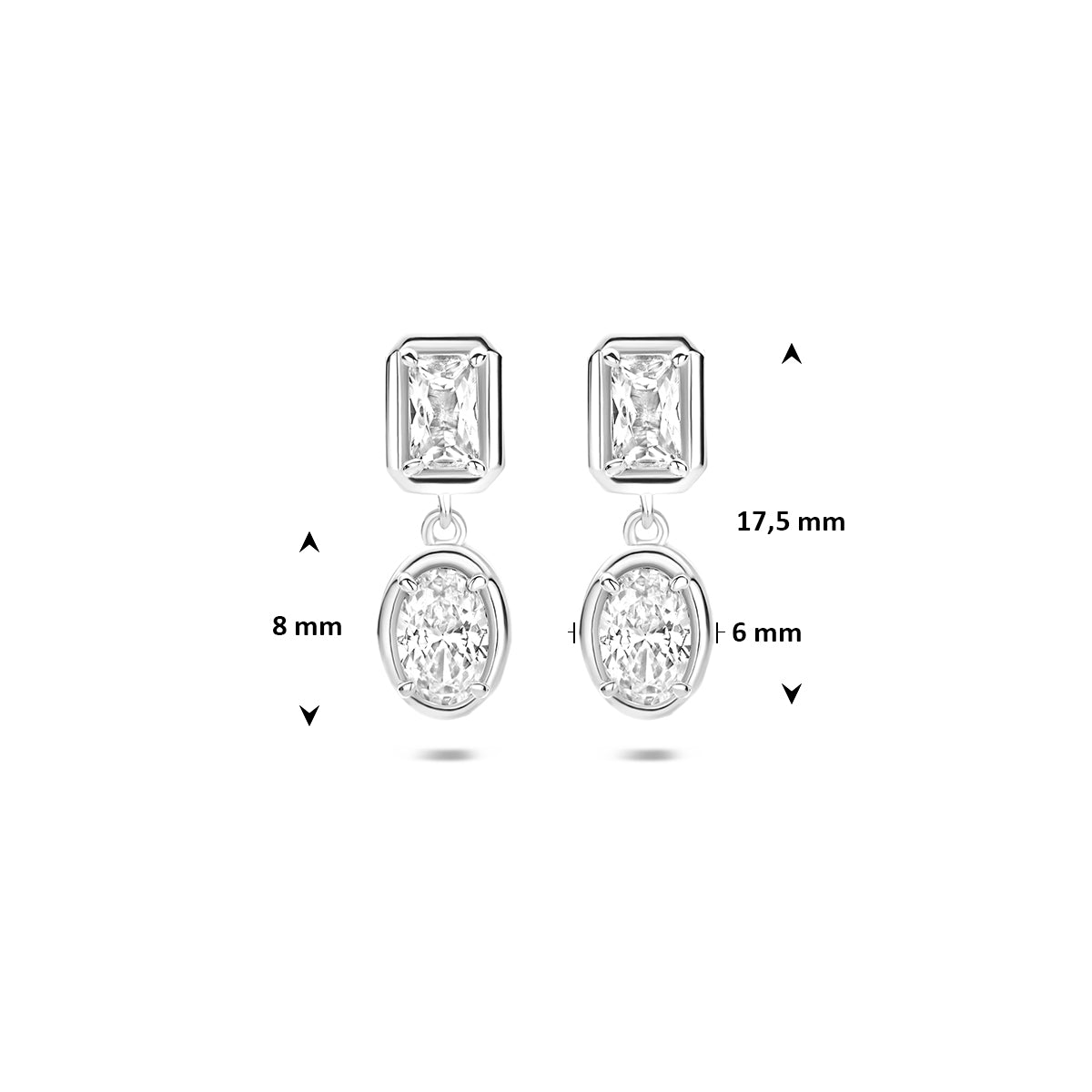 Zilveren oorbellen zirkonia: afmetingen van de gerhodineerd zilveren oorhangers met zirkonia, 17,5 mm hoog en 6 mm breed.