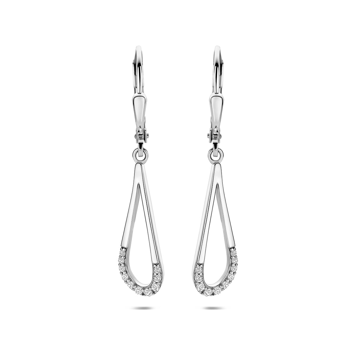 Zilveren oorhangers: voor- en zijaanzicht van de 925 gerhodineerd zilveren open druppel oorhangers met zirkonia.