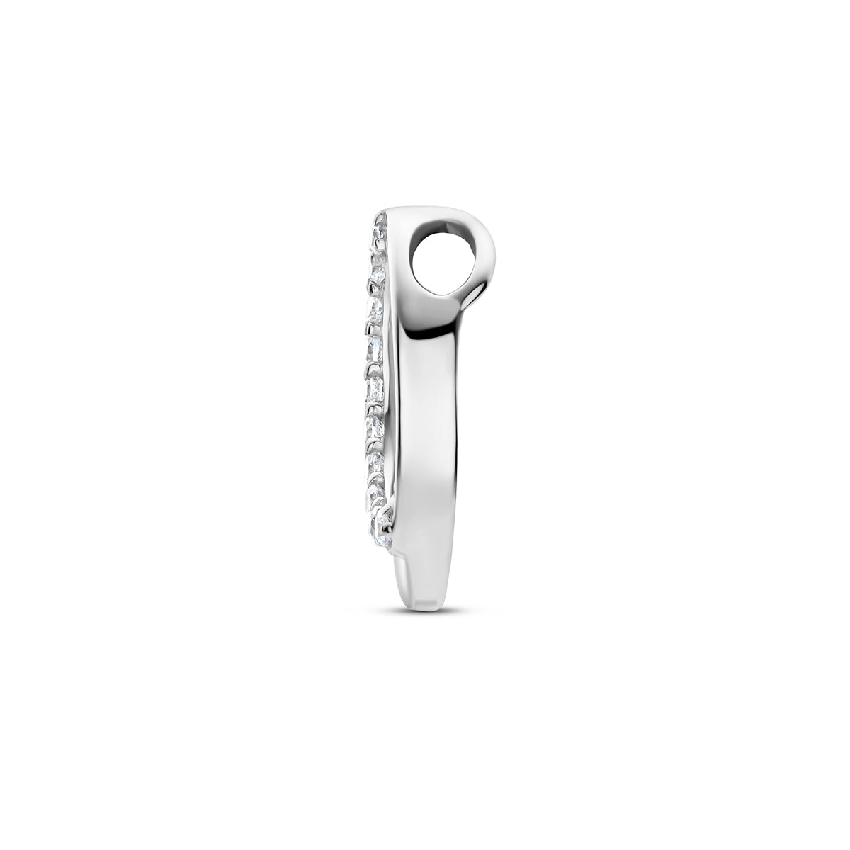 Zilveren hanger met zirkonia: zijaanzicht van de 925 gerhodineerd zilveren ovale hanger met zirkonia.