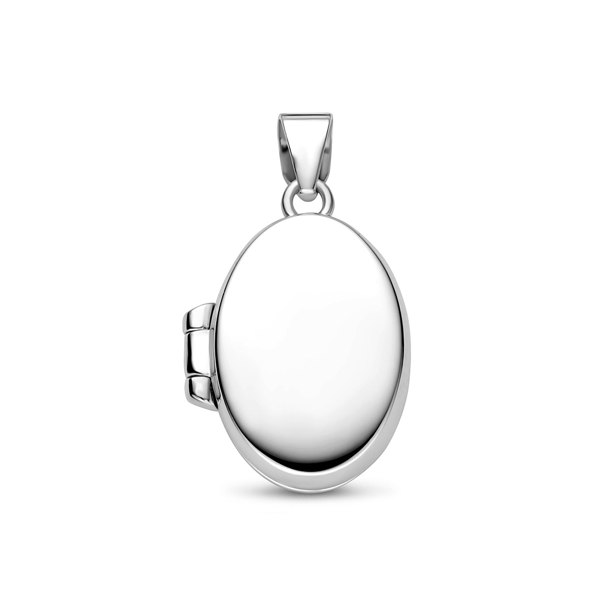 Vooraanzicht van de zilveren ovale medaillon hanger.