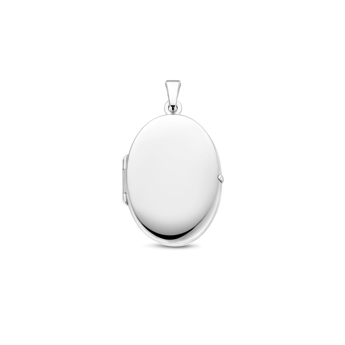 Vooraanzicht van de zilveren ovale medaillon hanger.