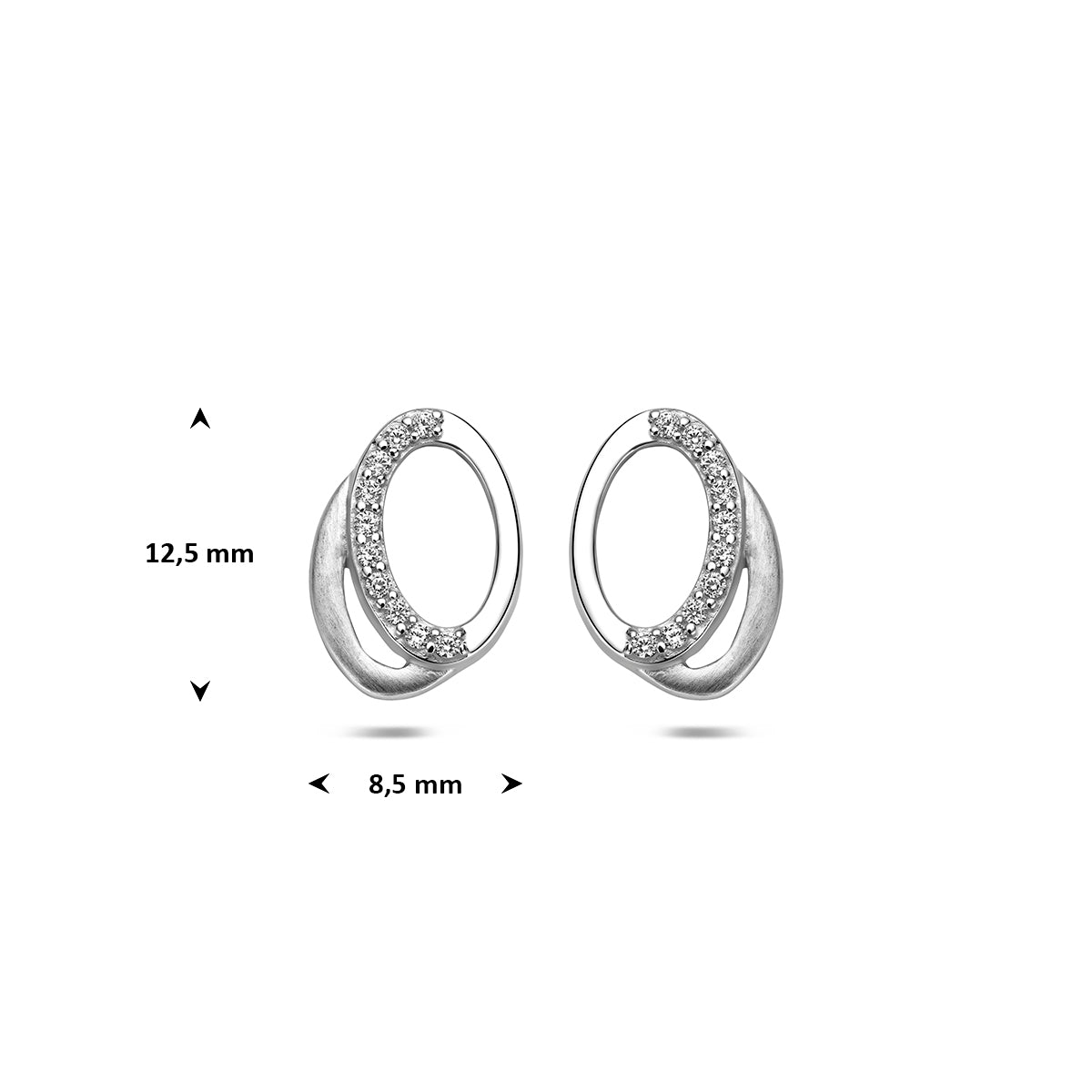 Zilveren oorknopjes met zirkonia: afmetingen van de 925 gerhodineerd zilveren ovale oorknopjes met zirkonia, 12,5 mm hoog en 8,5 mm breed.