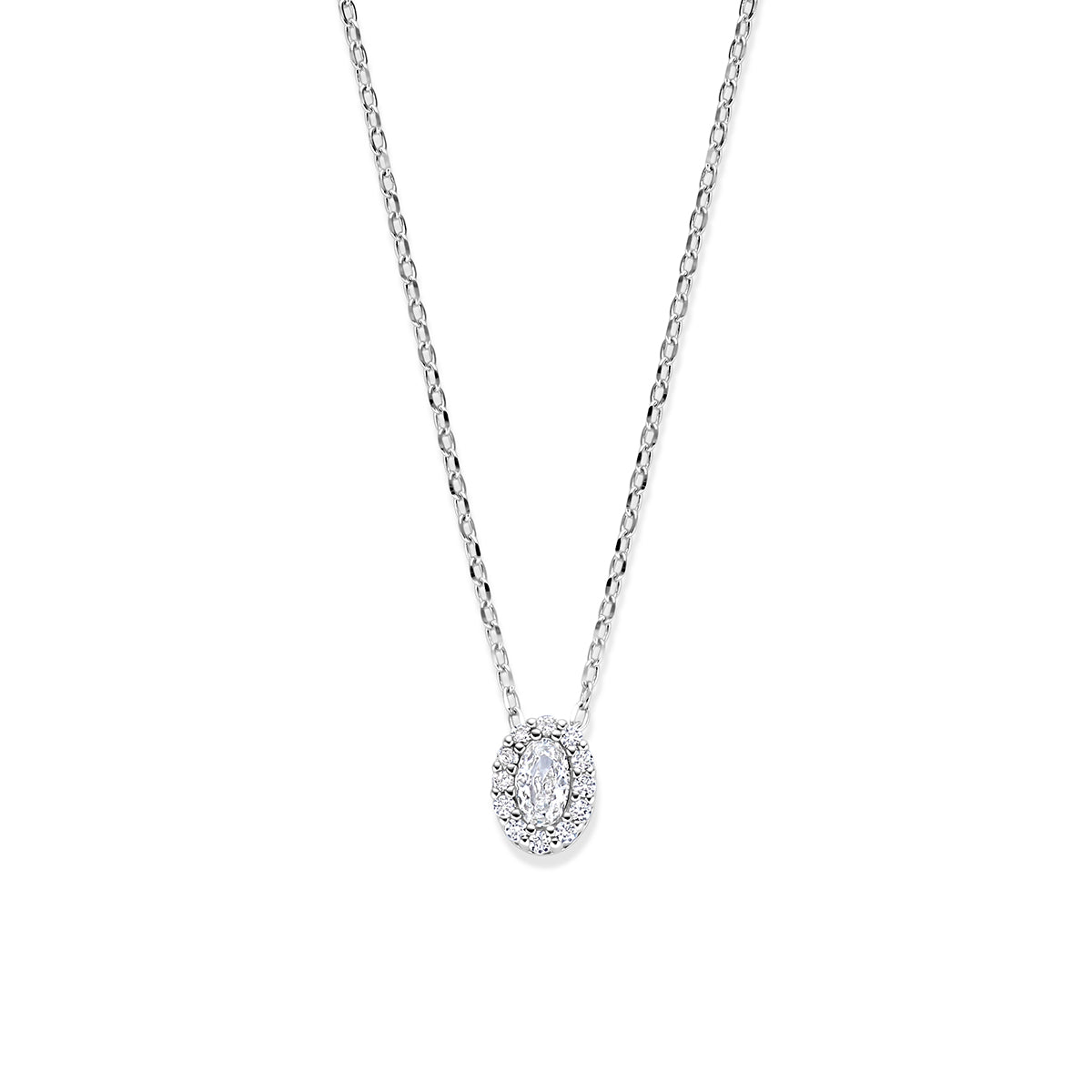 Vooraanzicht van de 925 gerhodineerd zilveren ovale zirkonia ketting, 8 mm hoog en 6 mm breed.
