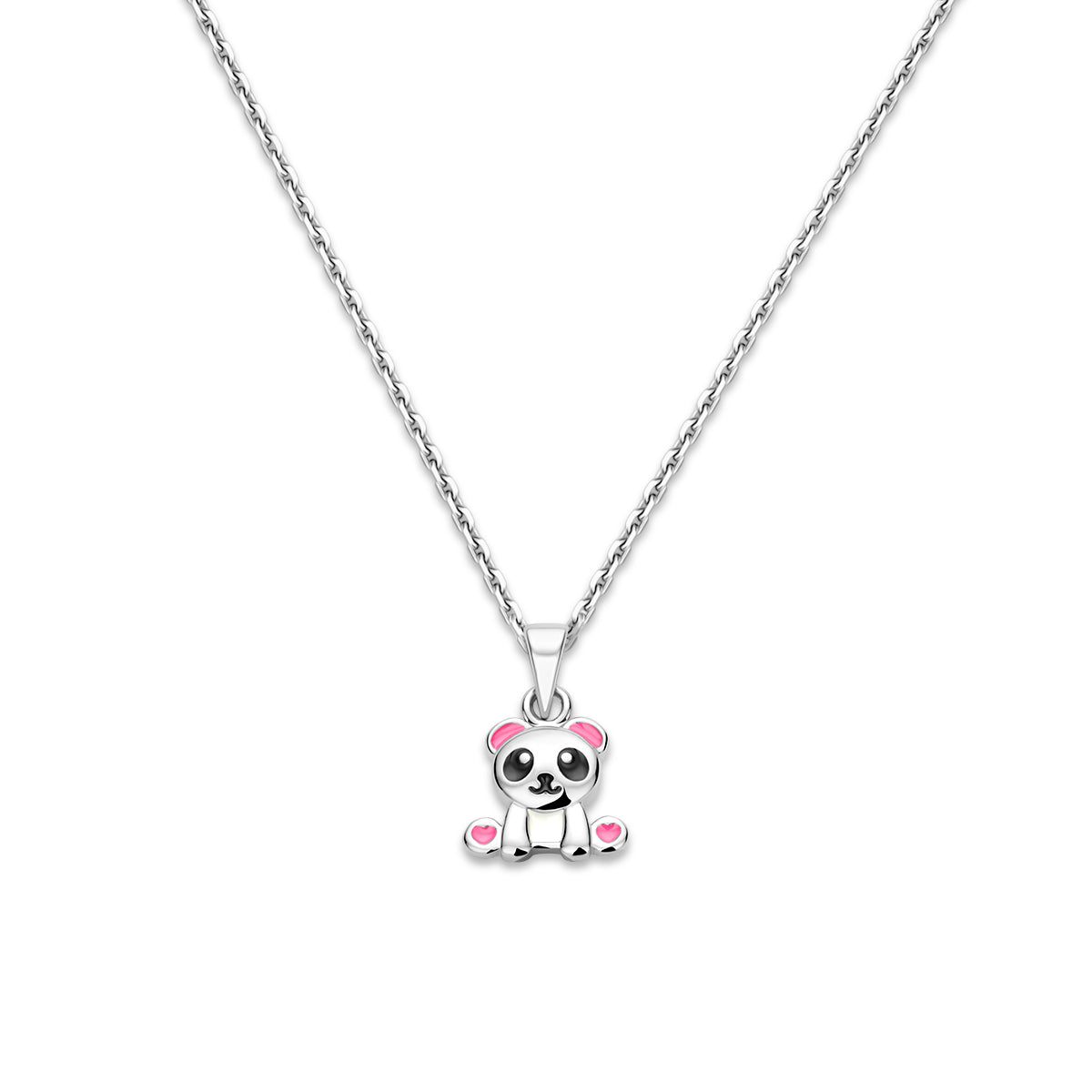 Vooraanzicht van de zilveren panda kinderketting met emaille.