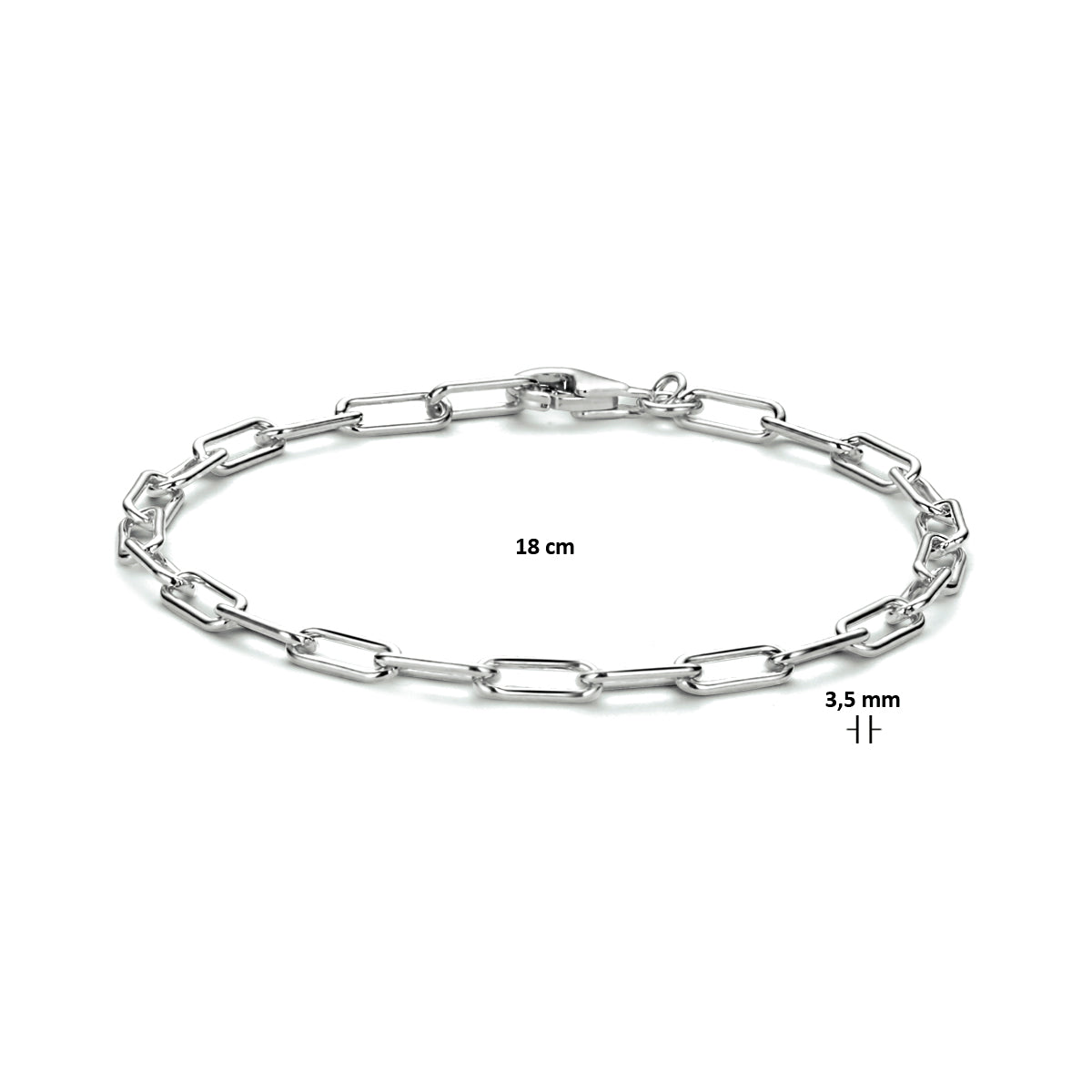 Afmetingen van de zilveren paperclip armband: 18 cm lang en 3,5 mm breed.