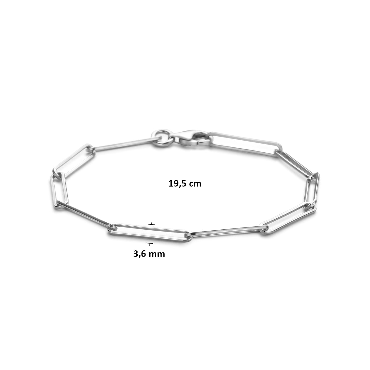 Afmetingen van de zilveren paperclip armband: 19,5 cm lang en 3,6 mm breed.
