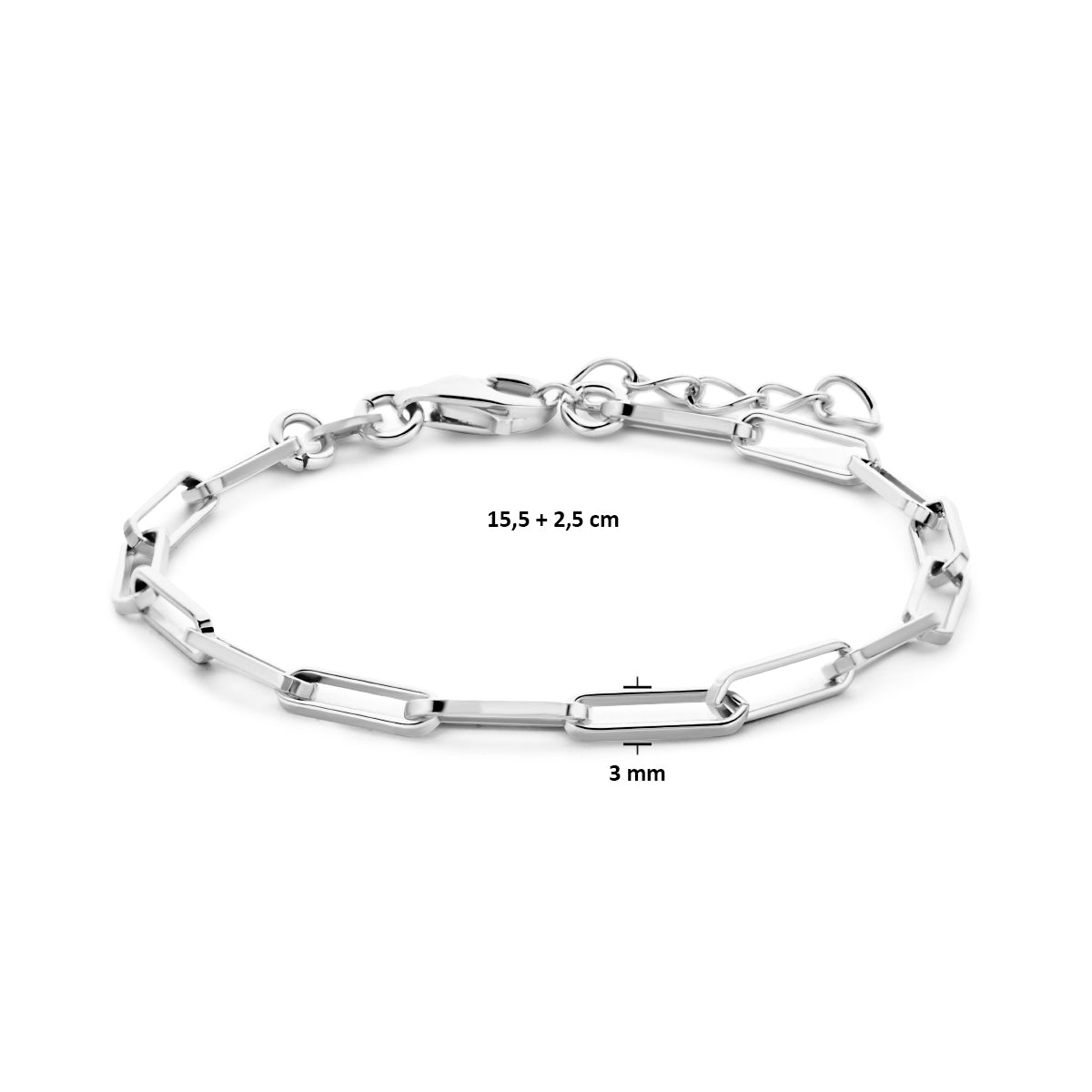 Afmetingen van de zilveren paperclip armband: 15,5 cm lang met 2,5 cm verlengstuk en 3 mm breed.