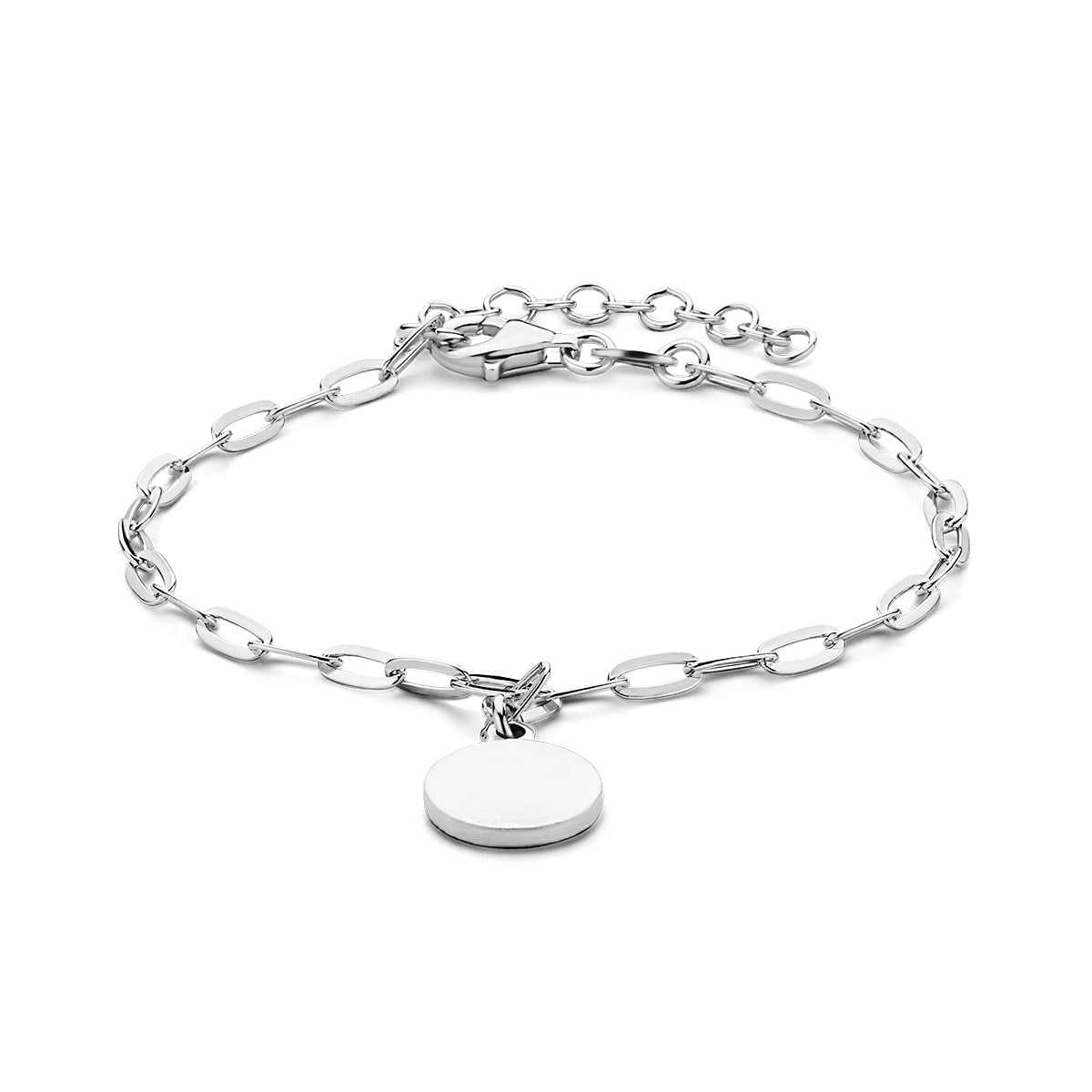 Vooraanzicht van de zilveren paperclip armband met rondje.