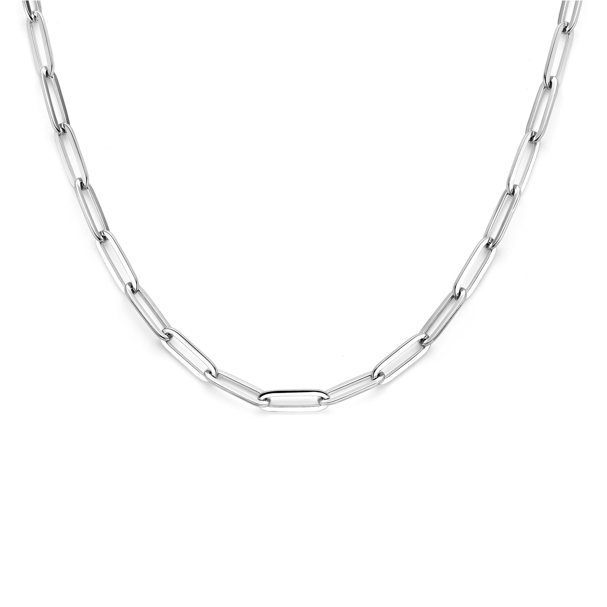 Vooraanzicht van de 925 gerhodineerd zilveren paperclip ketting, 45 cm lang.