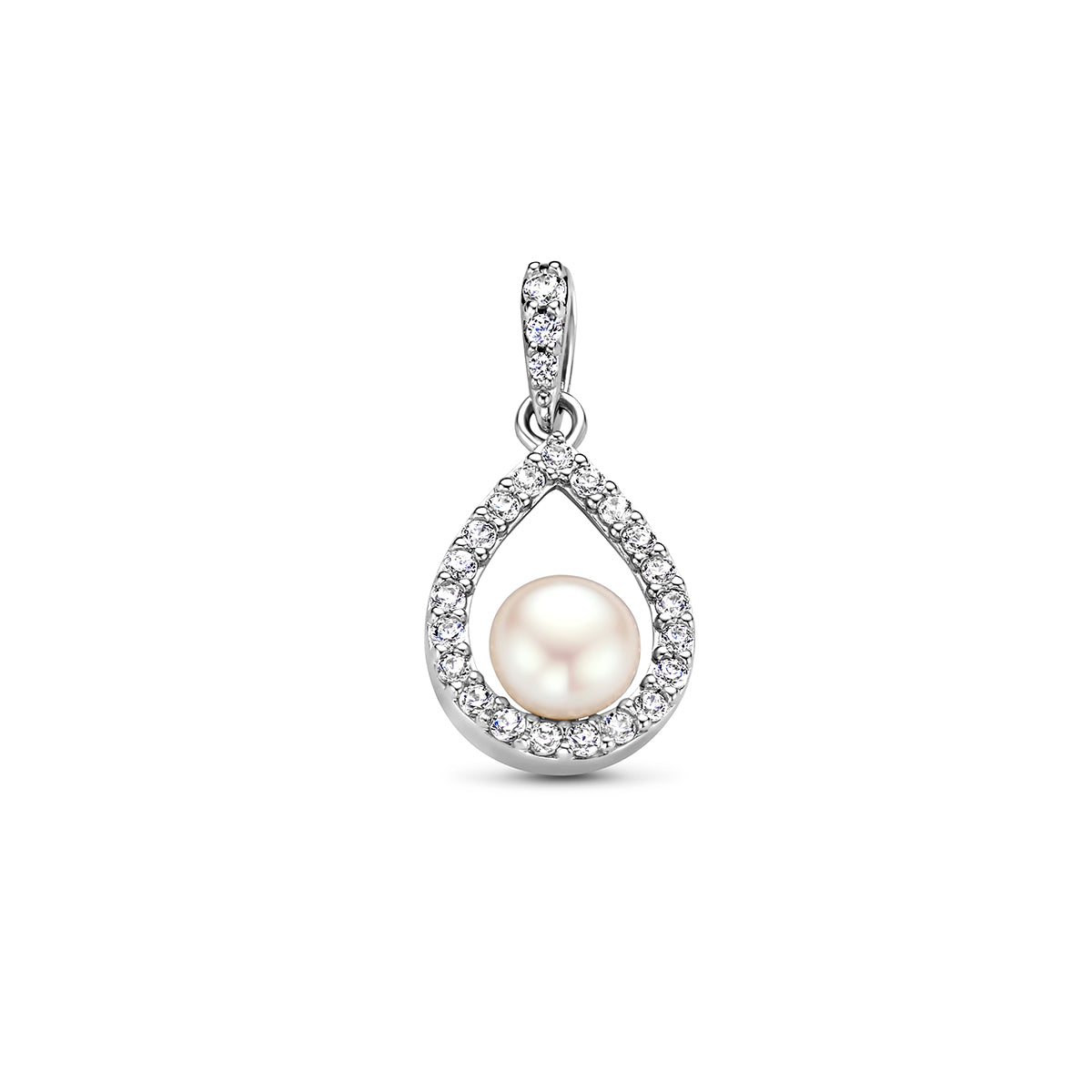 Vooraanzicht van de 925 gerhodineerd zilveren parel hanger met zirkonia, 20 mm hoog en 9,8 mm breed.