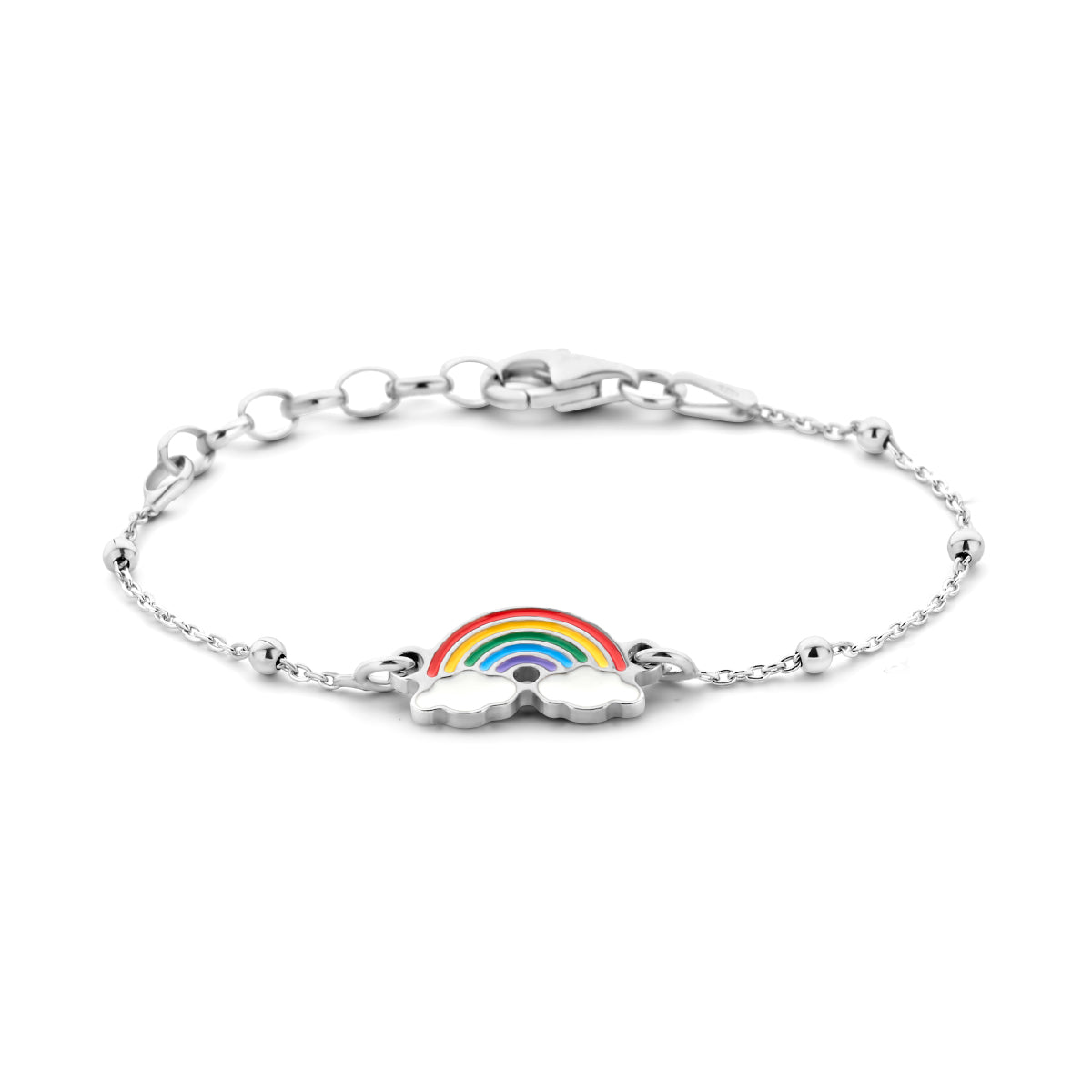 Vooraanzicht van de zilveren regenboog kinderarmband.