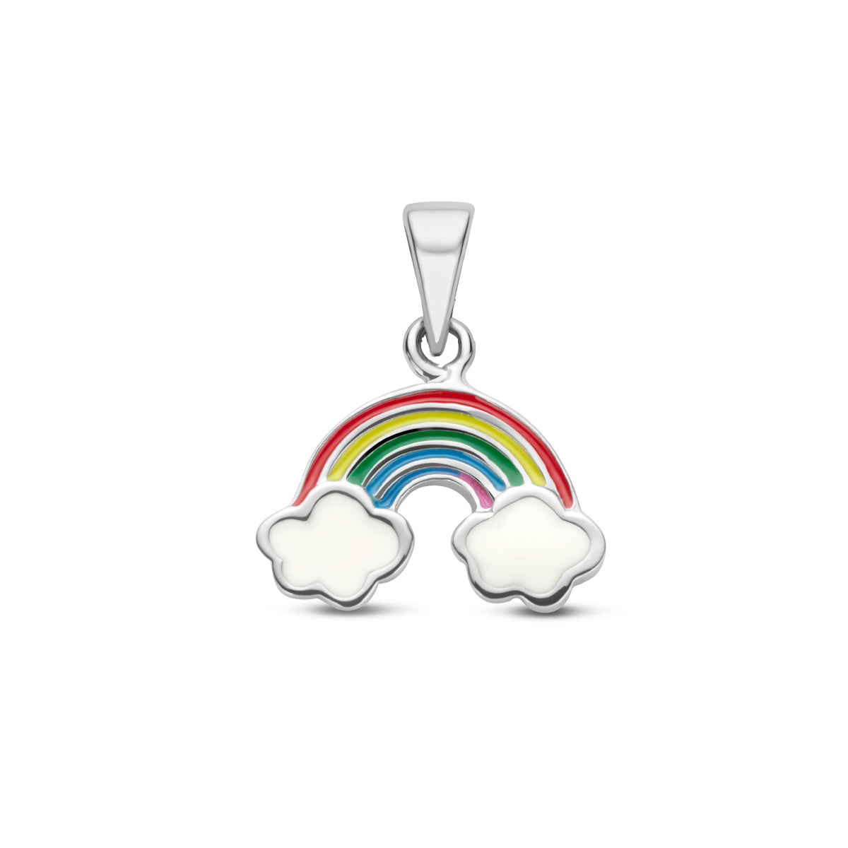 Vooraanzicht van de zilveren regenboog kinderhanger met emaille.