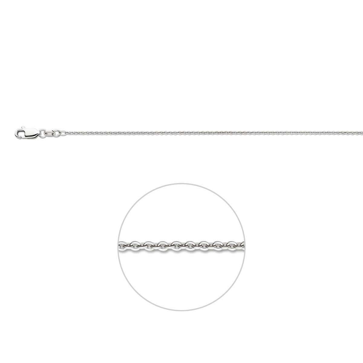 Zilveren ankerketting: 925 gerhodineerd zilveren ronde anker halsketting van 1,3 mm breed, vooraanzicht