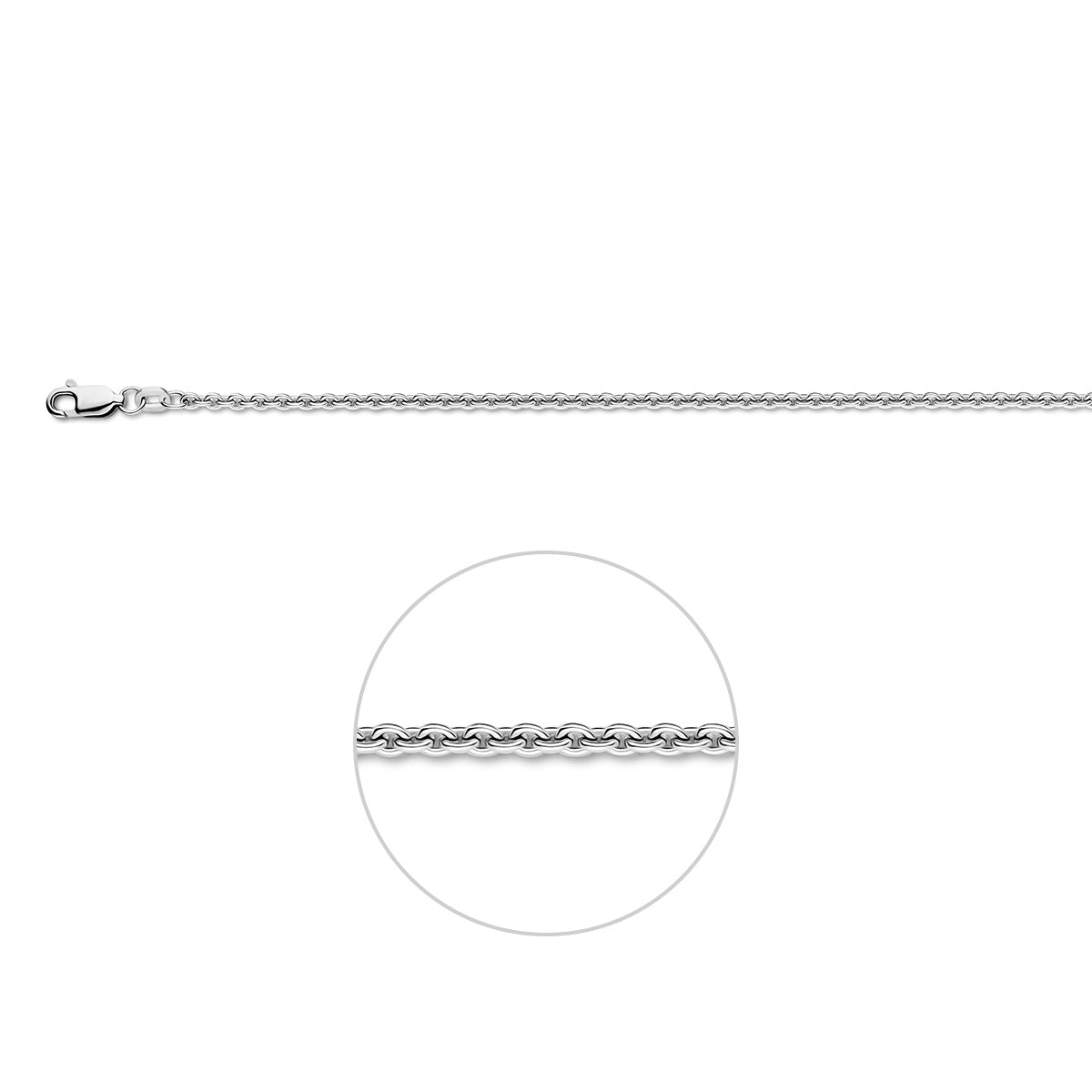 Zilveren ankerketting: 925 gerhodineerd zilveren ronde anker halsketting van 2,3 mm breed, vooraanzicht