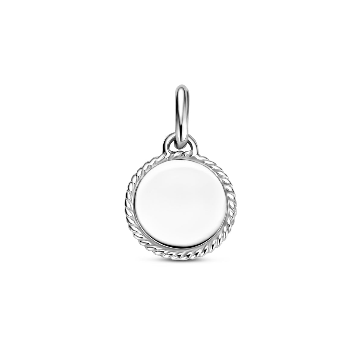 Vooraanzicht van de zilveren ronde graveerhanger van 19,5 mm.