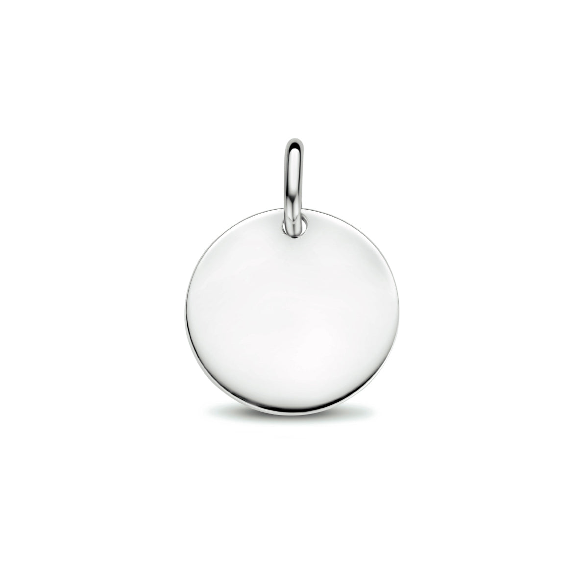 Vooraanzicht van de zilveren ronde graveerhanger.