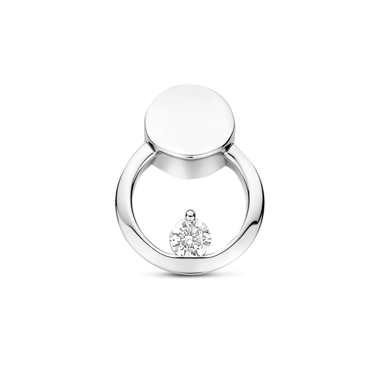 Vooraanzicht van de zilveren ronde hanger met zirkonia deels mat.