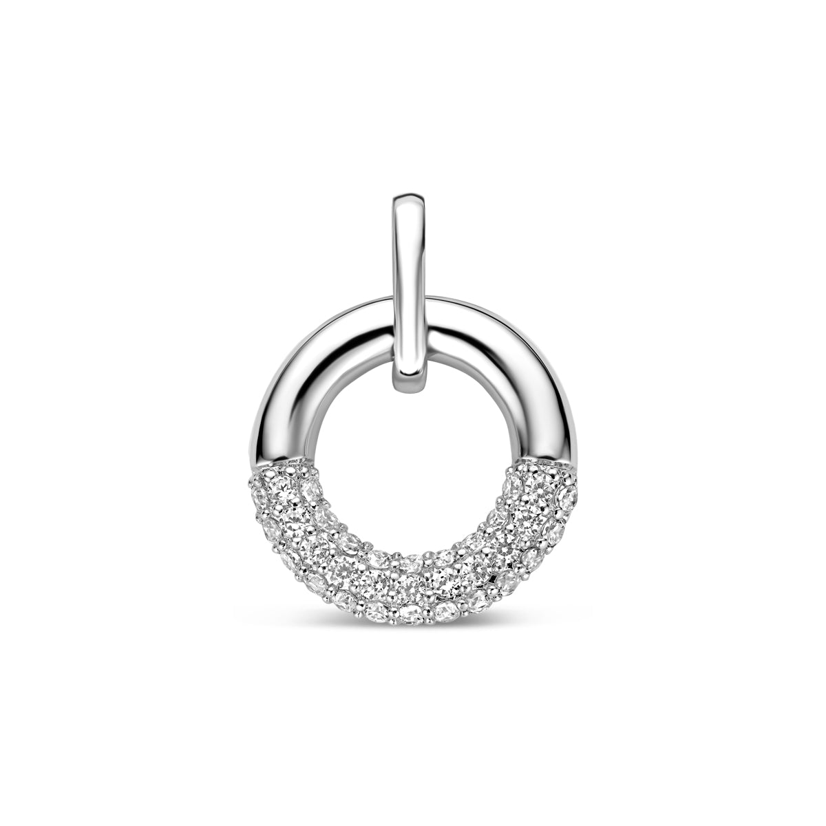 Vooraanzicht van de zilveren ronde hanger met zirkonia.