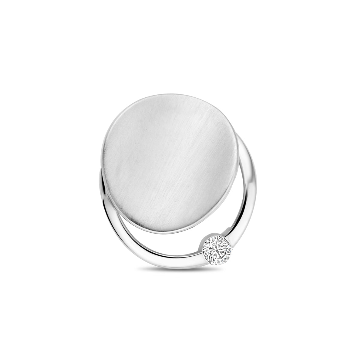 Vooraanzicht van de 925 gerhodineerd zilveren ronde hanger met zirkonia, 16 mm hoog en 14 mm breed.
