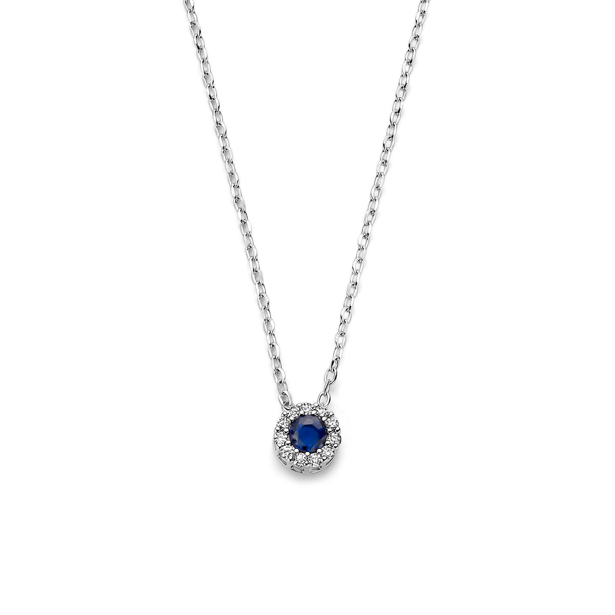 Vooraanzicht van de 925 gerhodineerd zilveren saffier ketting met zirkonia halo, 6 mm doorsnede.