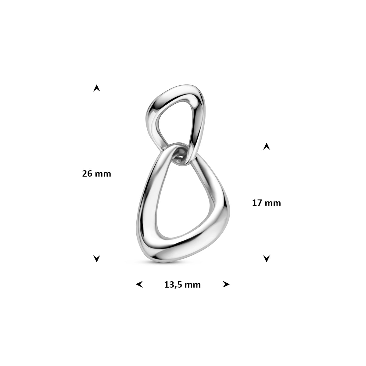 Zilveren hanger: afmetingen van de 925 gerhodineerd zilveren schakel hanger, 26,0 mm hoog inclusief oog en 13,5 mm breed.