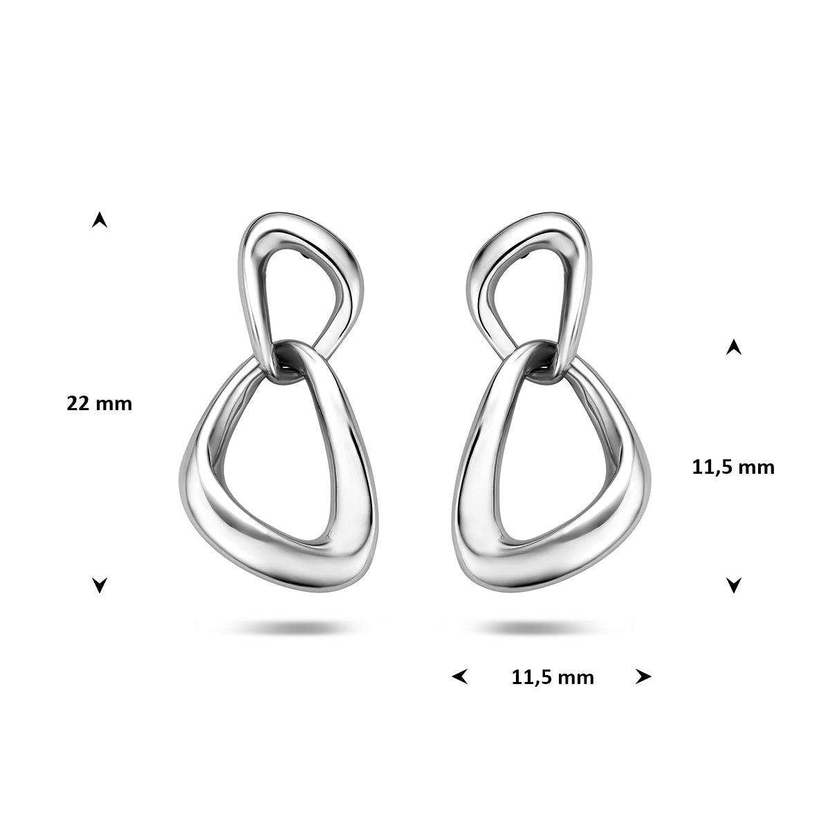 Zilveren oorhangers: afmetingen van de 925 gerhodineerd zilveren schakel oorhangers, 22,0 mm hoog en 11,5 mm breed.